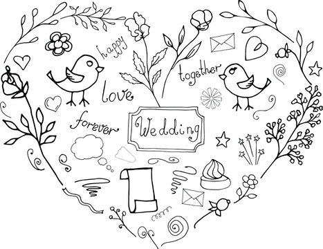 Wedding design collection clipart, cute and romantic style, with inscriptions. Vector hand drawn illustration