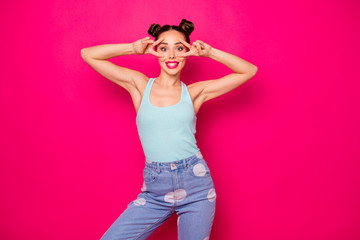 Poster - Portrait of lovely cute teenager making v-signs wearing blue singlet isolated over fuchsia background