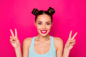 Sticker - Close up photo of charming youth making v-signs isolated over fuchsia background