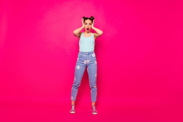 Canvas Print - Full size photo of funny youth touching her face shouting unbelievable isolated over fuchsia background