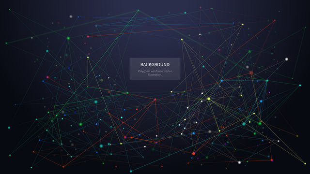 Abstract low poly background. 3d polygonal multicolor graphic. Geometric shapes with connected dots and lines on dark backdrop. Connection structure vector color wireframe mesh illustration