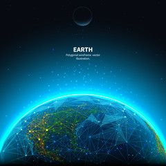 Fototapete - Earth low poly art illustration. 3d polygonal planet. Astronomy concept with connected dots and lines. Universe space. Cosmos exploring. Solar system body vector color wireframe mesh