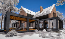 3d Rendering Of Modern Cozy Clinker House On The Ponds With Garage And Pool For Sale Or Rent With Beautiful Landscaping On Background. Cool Winter Day With Shiny White Snow.