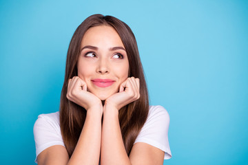 Close-up portrait of her she nice-looking attractive fascinating cheerful cheery straight-haired lady enjoying life fantasizing isolated over bright vivid shine blue green teal turquoise background