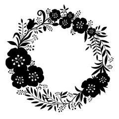 Wall Mural - Black beautiful wreath of flowers and plants on a white background.