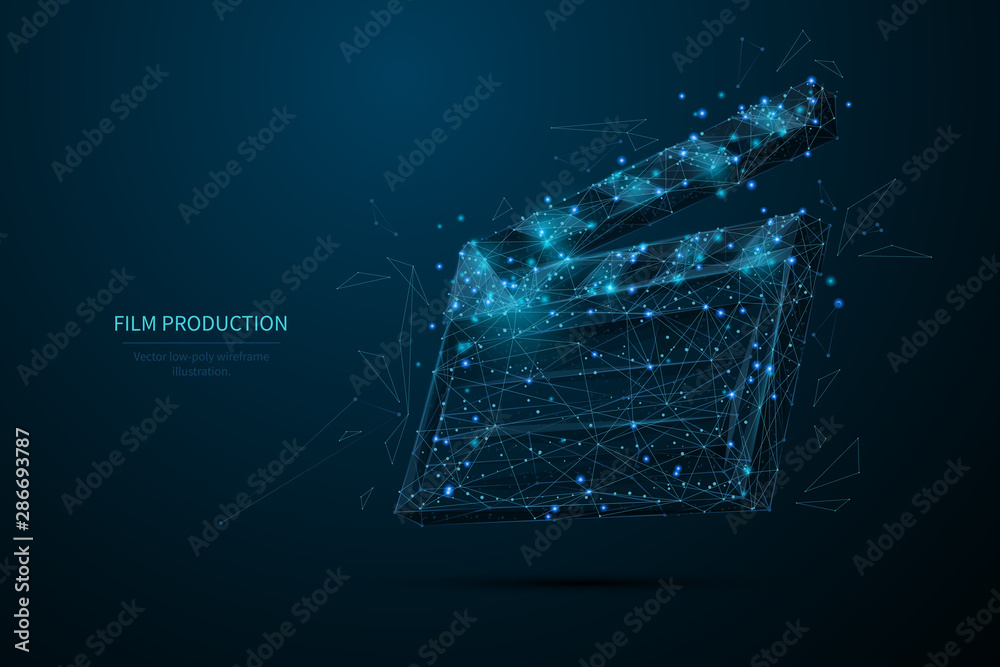 Film production low poly wireframe banner template. 3D clapperboard, filmmaking, movie director equipment with connected dots. Polygonal open clapper board, cinematography mesh art illustration - obrazy, fototapety, plakaty 