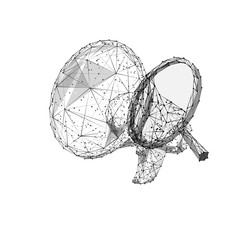 Aufkleber - Marketing research low poly wireframe illustration. Polygonal promotional campaign planning, advertising strategy mesh art. 3D loudspeaker and magnifying glass on white background. Promo analytics