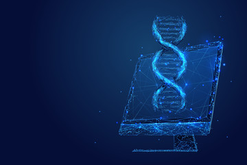 Aufkleber - Biotechnology and genetic engineering low poly wireframe illustration. 3D DNA spiral and monitor with connected dots. Polygonal medical technology research mesh art. Double helix molecule on screen
