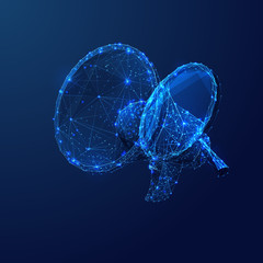 Fototapete - Marketing research low poly wireframe illustration. Polygonal promotional campaign planning, advertising strategy mesh art. 3D loudspeaker and magnifying glass with connected dots. Promo analytics