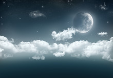 An Illustration Of A Cresent Moon On The Right With A Long Band Of Cloud, Stars, Shooting Star And Galaxies Against The Dark Blue Of Space.