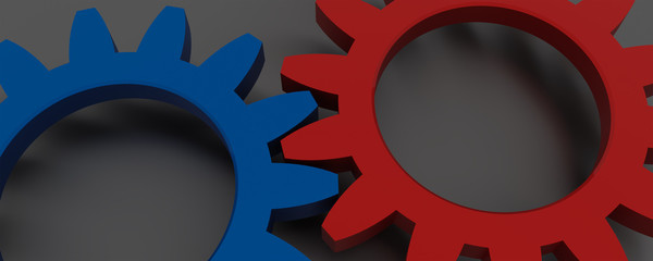 one gear blu and one gear red on grey background, 3d illustration