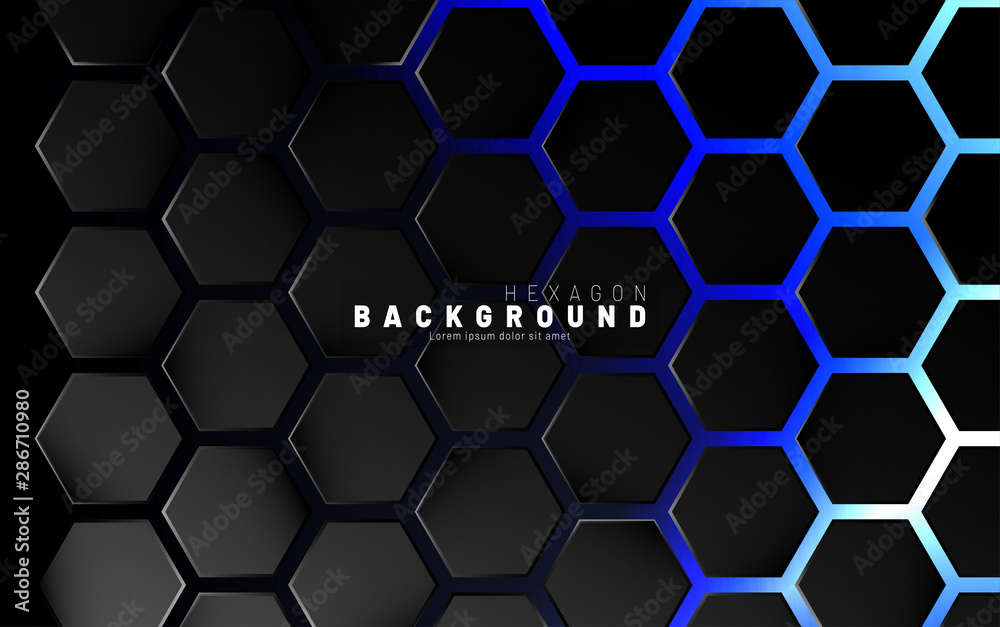 Abstract black hexagon pattern on blue neon background technology style ...