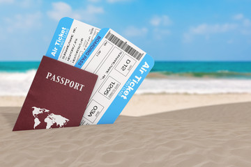 Aufkleber - Summer Travel Concept. Airline Boarding Passengers Tickets with Passports on an Ocean Deserted Coast. 3d Rendering