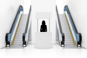 Poster - Woman Promoter Silhouette Behind of Blank Advertising Promotion Banner Stand between Modern Luxury Escalators on Indoor Building Shopping Center, Airport or Metro Station. 3d Rendering