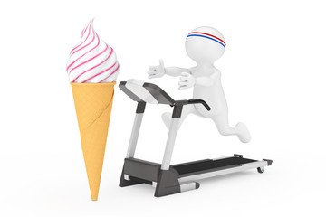 Wall Mural - Fitness Concept. Person Runner Runs Along the Treadmill and Reaches for the Soft Serve Ice Cream in Waffle Crispy Ice Cream Cone. 3d Rendering