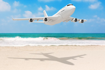 Poster - White Jet Passenger's Airplane over Ocean Deserted Coast. 3d Rendering