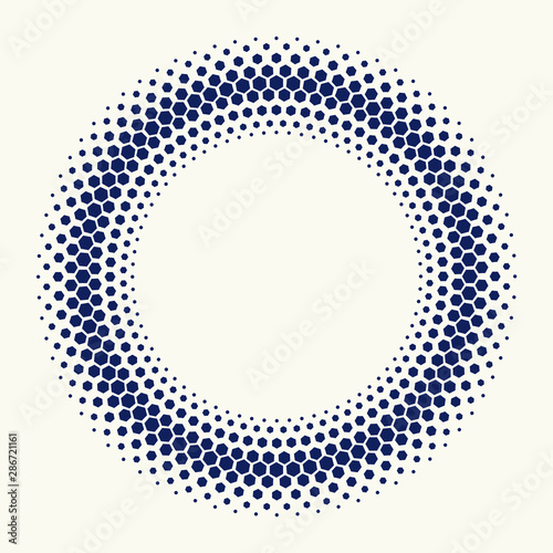 Halftone circle made by flat hexagons. Geometric.