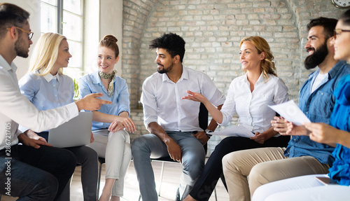 Fotografía Startup business team on meeting in modern bright office interior brainstorming,