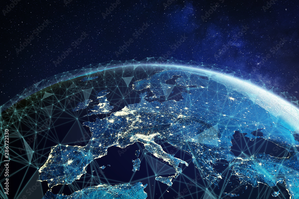 Telecommunication network above Europe viewed from space with connected system for European 5g LTE mobile web, global WiFi connection, Internet of Things (IoT) technology or blockchain fintech - obrazy, fototapety, plakaty 