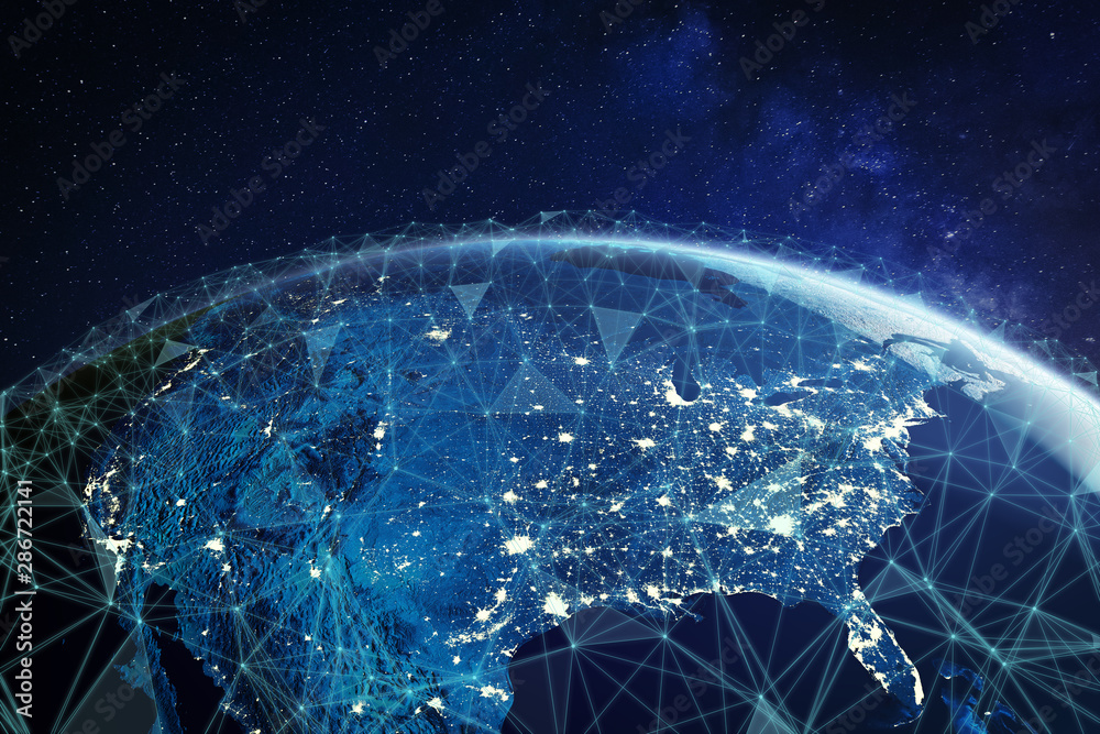Telecommunication network above North America and United States viewed from space for American 5g LTE mobile web, global WiFi connection, Internet of Things (IoT) technology or blockchain fintech - obrazy, fototapety, plakaty 