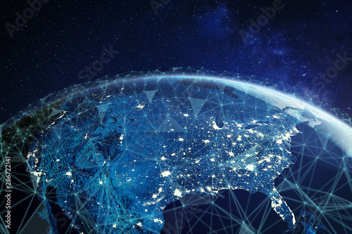 Fotomural Telecommunication network above North America and United States viewed from spac