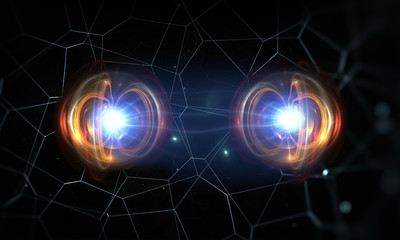 particles, quantum entanglement (quantum correlation), quantum mechanics. 3d illustration