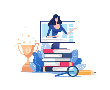 Distance education or business training. Pile of books and online teacher on computer monitor. Webinar or video seminar learning vector concept.
