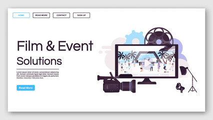 Poster - Film and event solutions landing page vector template. Videography website interface idea with flat illustrations. Live concert streaming homepage layout. Web banner, webpage cartoon concept