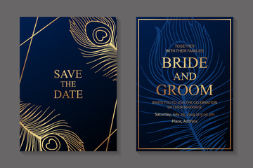 Wall Mural - wedding invitation design or greeting card templates with golden peacock feathers on a dark blue bac