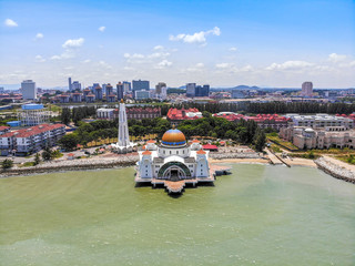 Wall Mural - Aerial view of Malacca Straits Mosque or Masjid Selat Melaka