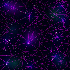 Wall Mural - Retrowave synthwave vaporwave illustration of polygonal pink lines grid on starry nebula space background. Eps 10