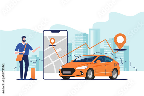 Fotografía Online ordering taxi car, rent and sharing using service mobile application