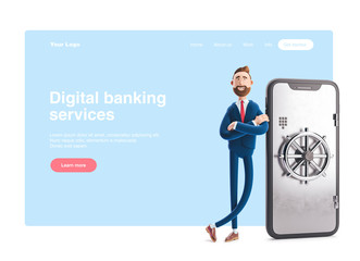 Wall Mural - 3d illustration. Businessman Billy with a telephone in the form of a safe. Mobile banking concept. Online Bank. Web banner, start site page, infographics.