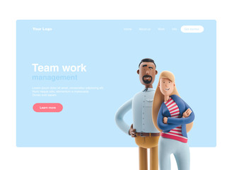 3d illustration. Businessman Stanley and Emma stand on blue background. Web banner, start site page, infographics, teamwork concept.