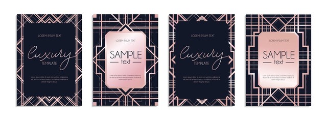 Wall Mural - Collection of frames design template set vector illustration. Invitation card or flayer with deep black background texture, rose gold geometric lines and frame flat style concept. Place for text