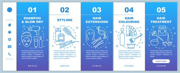 Hairdresser salon services onboarding mobile web pages vector template. Responsive smartphone website interface idea with linear illustrations. Webpage walkthrough step screens. Color concept