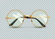 Golden glasses isolated on transparent background, round black-rimmed glasses, women's and men's accessory. Optics, see well, lens, vintage, trend. Vector illustration. EPS10