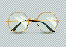 Golden Glasses Isolated On Transparent Background, Round Black-rimmed Glasses, Women's And Men's Accessory. Optics, See Well, Lens, Vintage, Trend. Vector Illustration. EPS10
