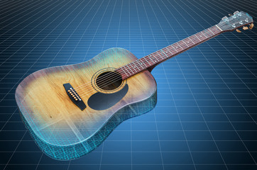 Visualization 3d cad model of acoustic guitar, blueprint. 3D rendering