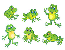 Set Of Six Funny Little Frogs In Cartoon Style Sitting And Jumping On White Background.