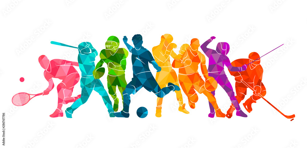Color sport background. Football, basketball, hockey, box, \nbaseball, tennis. Vector illustration colorful silhouettes athletes - obrazy, fototapety, plakaty 