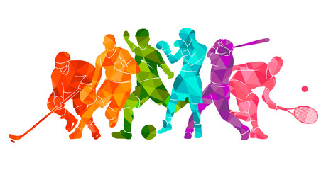 Color sport background. Football, basketball, hockey, box, \nbaseball, tennis. Vector illustration colorful silhouettes athletes