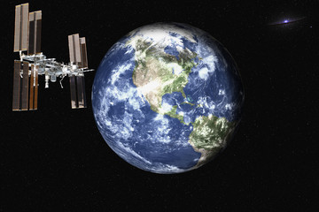 Wall Mural - planetary station satelite near planet earth in outer space. planetary concept. science fiction. ele