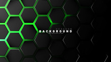 Abstract Black Hexagon Pattern On Green Neon Background Technology Style. Honeycomb. Vector Illustration