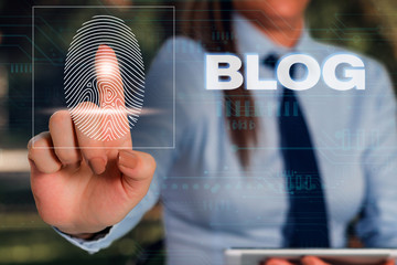 Poster - Writing note showing Blogquestion. Business concept for regularly updated website web page run by individual Woman wear formal work suit presenting presentation using smart device