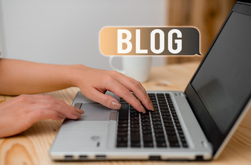 Poster - Word writing text Blogquestion. Business photo showcasing regularly updated website web page run by individual woman laptop computer smartphone mug office supplies technological devices