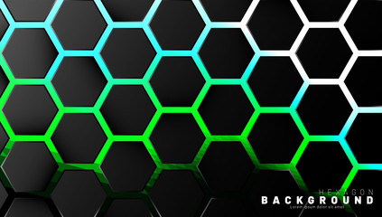 Abstract black hexagon pattern on green neon background technology style. Honeycomb. Vector illustration