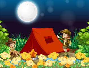 Wall Mural - Scene background design with kids camping out at night