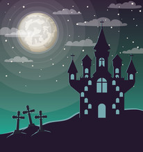 Halloween Celebration Card With Cemetery And Castle Scene