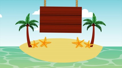 Wall Mural - beach seascape with wooden label animation